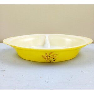 Vintage 1950's Glasbake McKee Yellow Oval Divided Dish With Wheat Design - 12" X